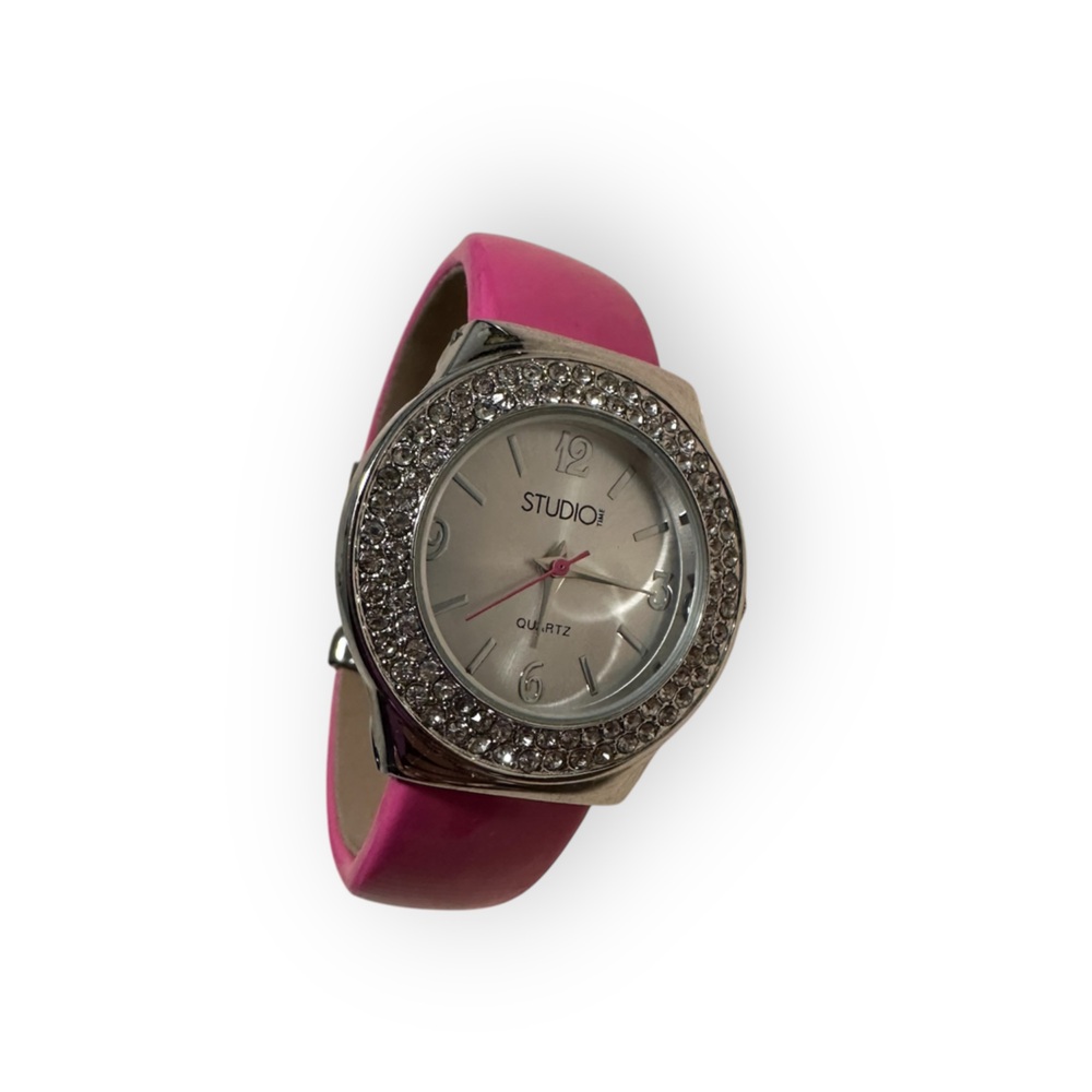 Studio Quartz Pink Rhinestone Watch Structured Bangle Bracelet Stainless Steel